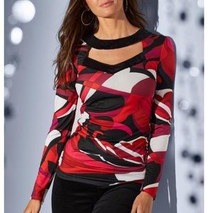 Printed Sequin Cutout Knit Top Color Red and black Multi Size S